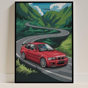 Poster con disegno artistico della BMW M3 E46 - Stampa artistica da parete con auto sportiva classica rossa, regalo perfetto per gli appassionati di auto e gli amanti della BMW