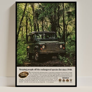 Pubblicità del Land Rover Defender, poster automobilistico retrò, stampa artistica