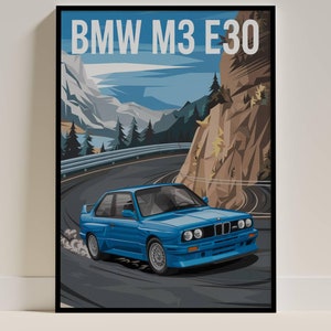 Poster blu BMW M3 E30, stampa artistica di auto d'epoca, decorazione automobilistica vintage per gli appassionati BMW, iconica decorazione murale della serie M.