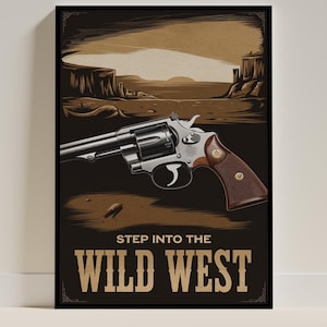 Classico poster di pistola revolver da cowboy - Stampa artistica di pistola da fuoco del selvaggio West, arredamento western, regali per collezionisti di armi, arte della caverna dell'uomo negli Stati Uniti