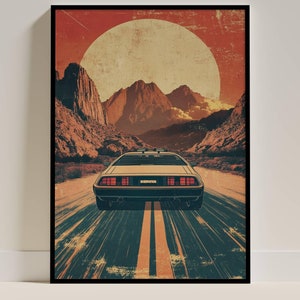 Poster DMC DeLorean, stampa artistica di auto d'epoca, decorazione da parete retrò per auto, perfetto come decorazione per la casa e regalo per gli appassionati di auto e gli amanti degli anni '80.