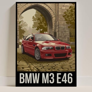 Poster con disegno artistico della BMW M3 E46 - Stampa artistica da parete con auto sportiva classica rossa, regalo perfetto per gli appassionati di auto e gli amanti della BMW