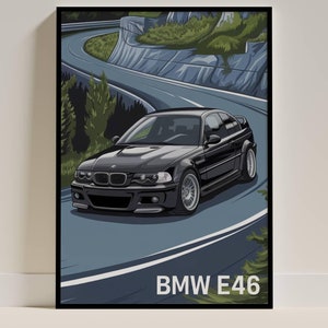 Poster con disegno artistico della BMW M3 E46 - Stampa artistica da parete con auto sportiva classica nera, regalo perfetto per gli appassionati di auto e gli amanti della BMW