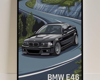 BMW M3 E46 Poster Drawing Art - Black Classic Sports Car Art Print Wall Decor, Perfect Gift for Car Enthusiasts and BMW Lovers