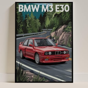 Poster rosso BMW M3 E30, stampa artistica di auto d'epoca, decorazione automobilistica vintage per gli appassionati BMW, iconica decorazione murale della serie M.