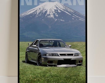日産R33スカイラインGT-Rポスター、クラシックJDMスーパーカーアート
