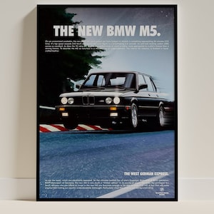 Poster pubblicitario BMW M5, stampa artistica retrò classica vintage, decorazione da parete, decorazione per caverna dell'uomo, arte da garage, decorazione per amanti delle auto BMW