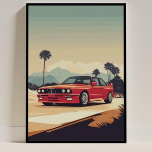 Póster BMW M3 E30, ilustración de arte retro clásico vintage, decoración de pared, decoración de cuevas masculinas, arte de garaje, decoración para amantes de los BMW y entusiastas de los coches.