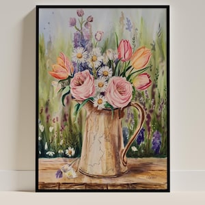 Vintage Blumen Stillleben Poster Drucken | Antiker Blumenstrauß im rustikalen Krug, romantische Cottagecore Wandkunst, botanische Gartendekoration