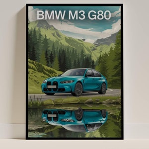 Poster illustrativo BMW M3 G80 blu, 20204, stampa artistica di auto moderna, elegante decorazione da parete per fan e proprietari di BMW