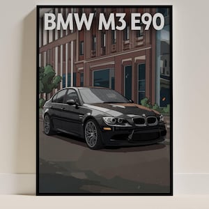 BMW M3 E90 Poster Illustration, Oldtimer Kunstdruck, perfekte Wanddekoration für BMW Enthusiasten und Automobilkunst-Liebhaber