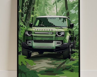 May include: A green Land Rover Defender driving through a lush green forest. The car has the word "DEFENDER" written on the front grill.