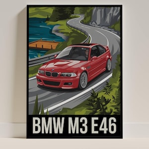BMW M3 E46 Classic Modern Poster Art Drawing - Stampa artistica da parete con auto sportiva rossa, regalo perfetto per gli appassionati di auto e gli amanti della BMW