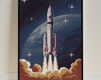 May include: A retro-style illustration of a rocket ship launching into space. The rocket is white with red and blue accents, and it is surrounded by a dark blue background with stars and a planet in the distance. The rocket is leaving a trail of smoke and fire as it ascends.