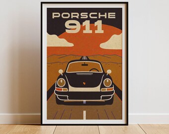 ポルシェ911ヴィンテージポスターイラストクラシックカーウォール