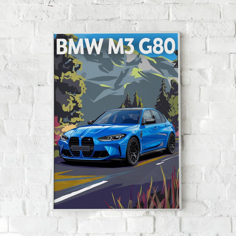 BMW M3 G80 Blue Illustration Poster, Modern Car Art Print, Stylish Wall ...