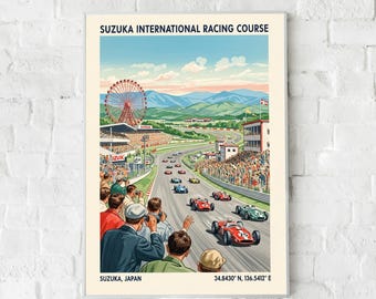 鈴鹿サーキット（日本）のポスター、ヴィンテージF1イラストアート