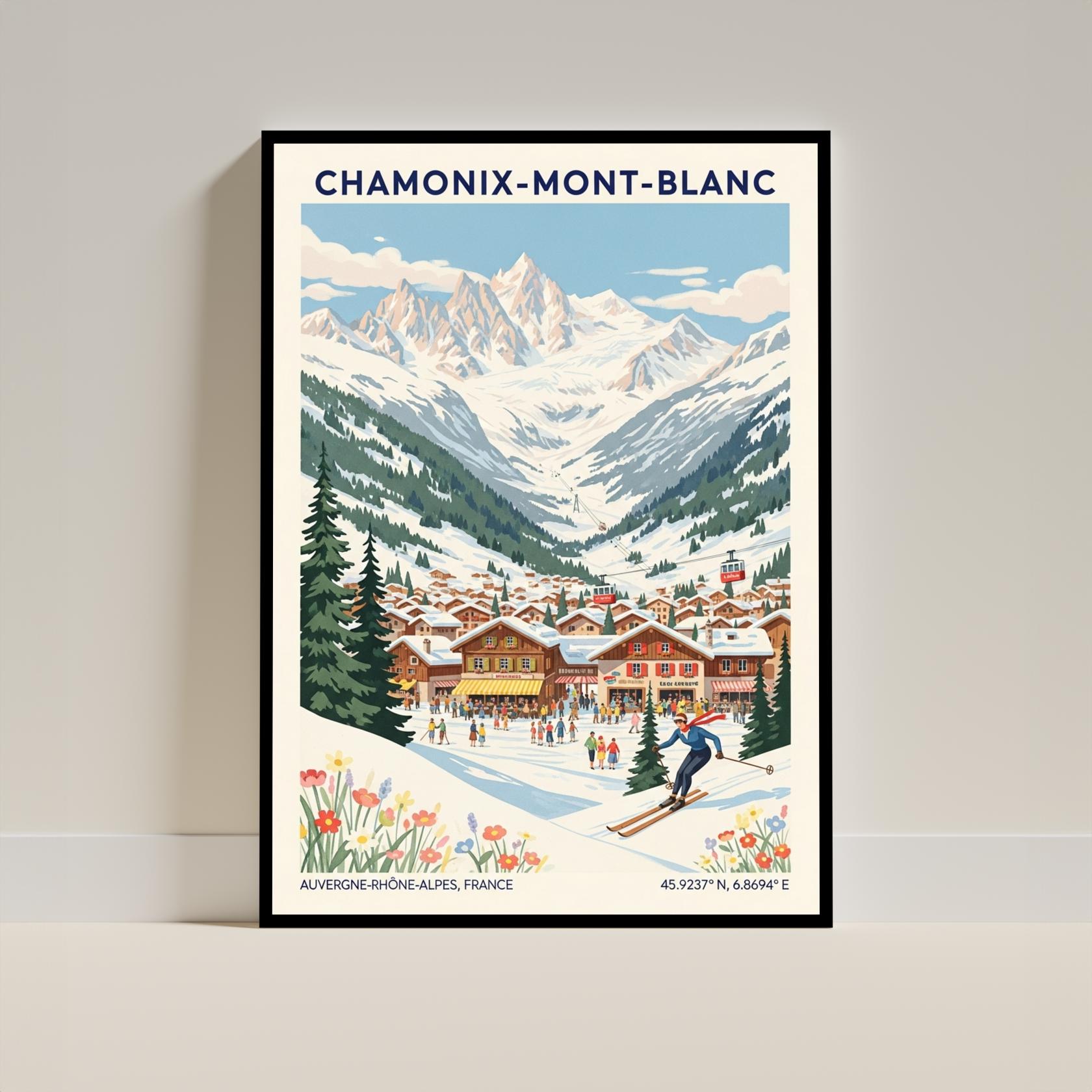 Chamonix-Mont-Blanc Alps Skiing Travel Poster – Vintage Ski Resort French Wall Art France Illustration Print