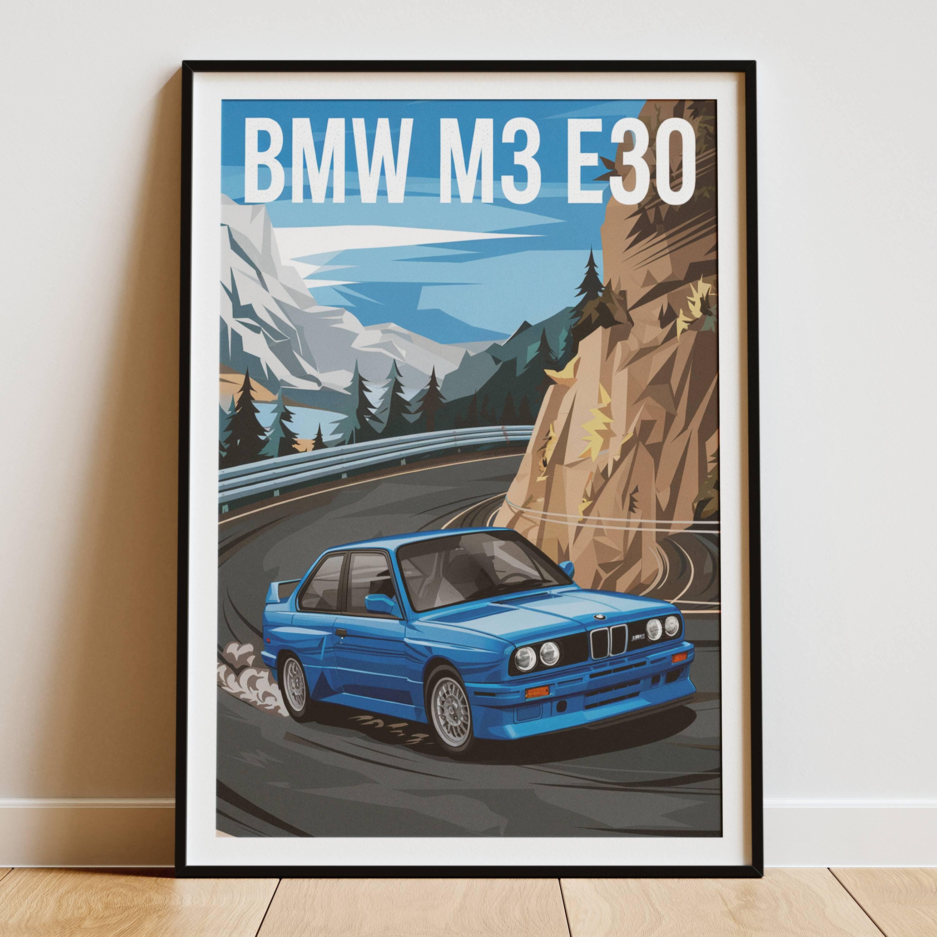 BMW M3 E30 Blue Poster, Classic Car Art Print, Vintage Automotive