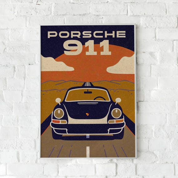 ポルシェ911ヴィンテージポスターイラストクラシックカーウォール