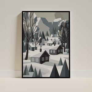 Skandinavische Winterlandschaft Poster | Serene verschneites Dorf und schneebedeckte Bäume Kunstdruck für friedliche Winter Vibes, schön zu Hause, warm