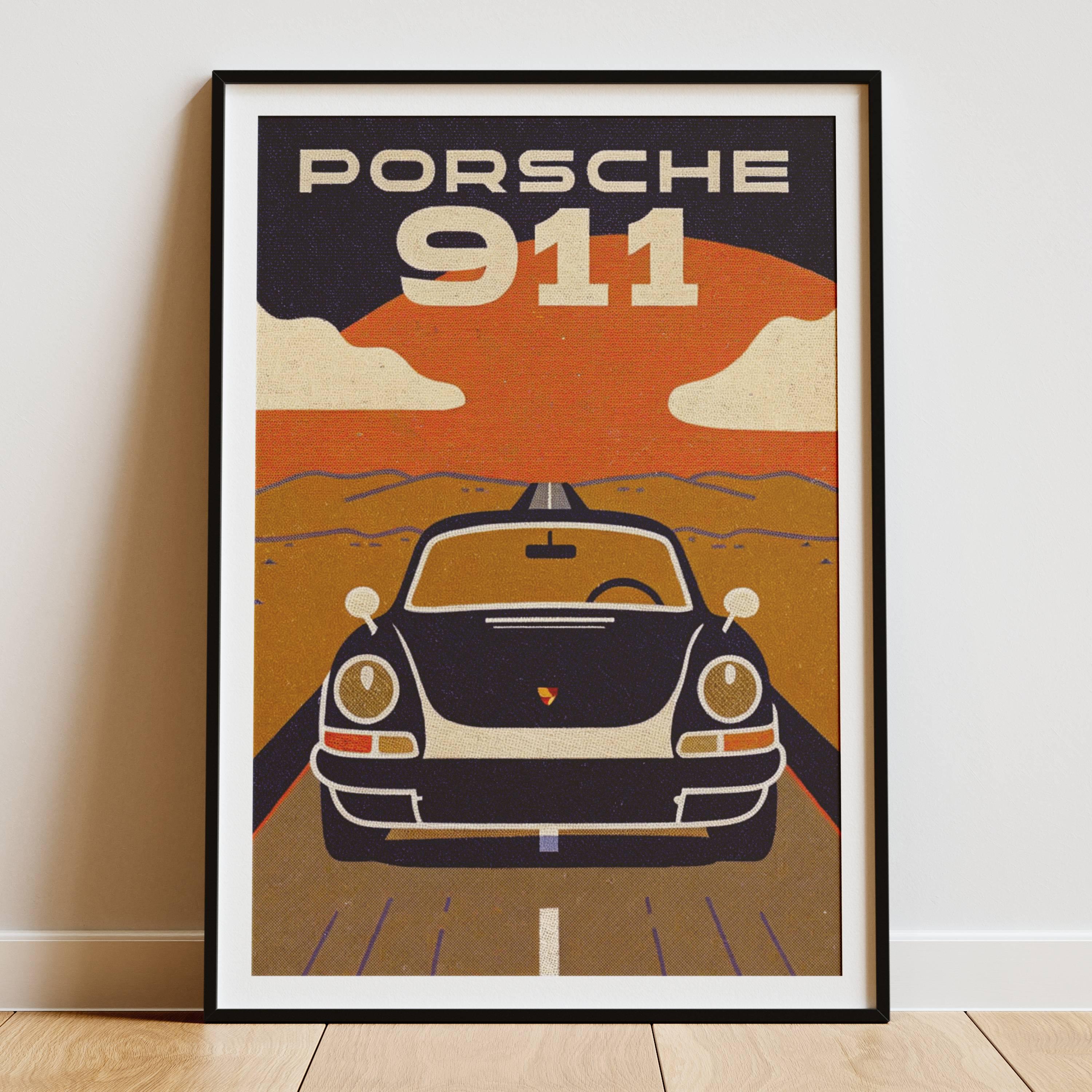 ポルシェ911ヴィンテージポスターイラストクラシックカーウォール
