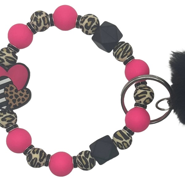 Pink, Black & Leopard Print Silicone Beaded Wristlet Keychain with Hearts and Pompom - Stylish Accessory for Keys!