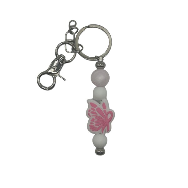 Pink and White Silicone Beaded Keychain Bar - Breast Cancer Awareness Keyring