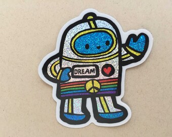 Peace Machine Rainbow Dream Sticker, glitter sticker, vinyl sticker, robot sticker, glitter robot, laptop sticker