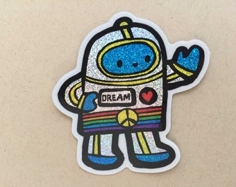 Peace Machine Rainbow Dream Sticker, pegatina de purpurina, pegatina de vinilo, pegatina de robot, robot de purpurina, pegatina de computadora portátil