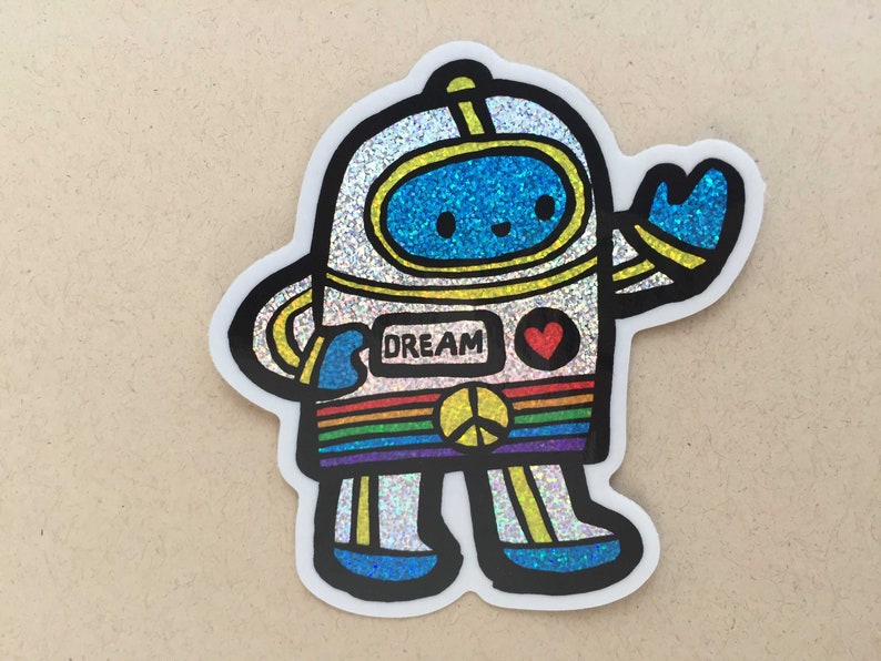 Peace Machine Rainbow Dream Sticker, glitter sticker, vinyl sticker, robot sticker, glitter robot, laptop sticker image 1