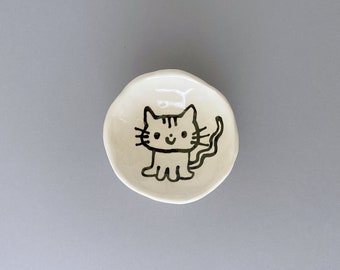 Sitting Cat (375) Ring Dish. Ceramic small ring dish or vitamins dish, Black and white pottery