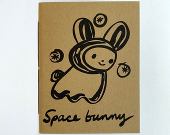 Space Bunny Handmade blank book, eco journal, 100% recycled, 24 sheets, 48 pages. Made in Minneapolis by Kelly Newcomer