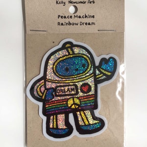Peace Machine Rainbow Dream Sticker, glitter sticker, vinyl sticker, robot sticker, glitter robot, laptop sticker image 2