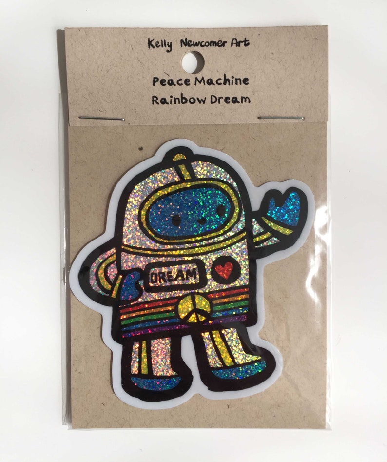 Peace Machine Rainbow Dream Sticker, glitter sticker, vinyl sticker, robot sticker, glitter robot, laptop sticker image 2