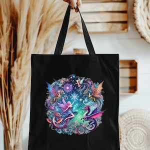 Magical Fantasy Tote Bag - Fairy Dragon & Celestial Canvas -  Magical Creatures Shopping Purse, Mythical Reusable Handbag