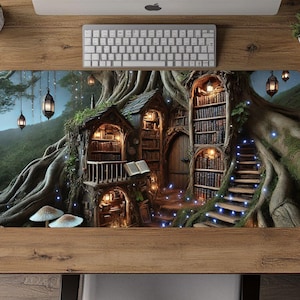 Enchanted Tree Library Desk Pad Fantasy Book Mouse Pad Dark Academia Desk Mat Aesthetic Office Home Workspace Decor Non Slip Book Lover Gift