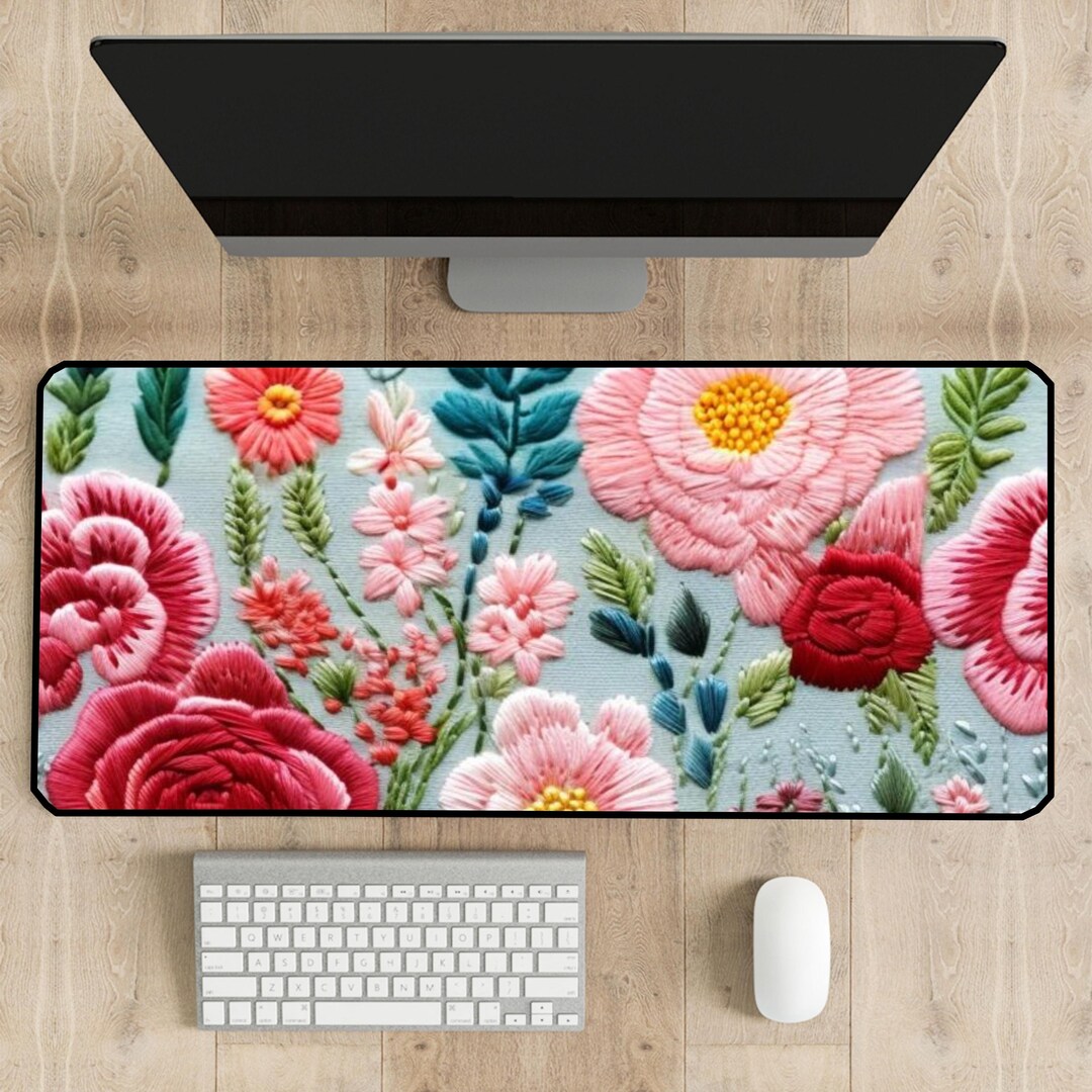 Floral Computer Mat Embroidered Style Floral Desk Mat Cottagecore Mouse Pad Colorful Flower ...