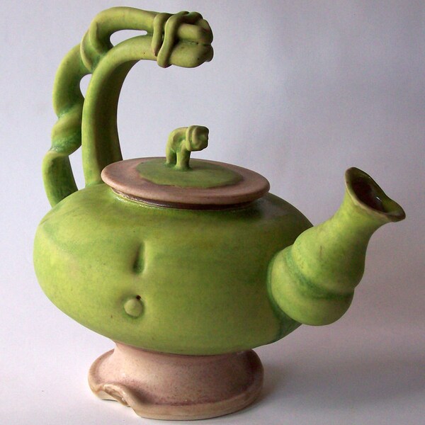 Teapot Green Lime, Spring, Avocado and Purple, Mauve, Beige, Altered with Curly Handle Funky, Quirky, Crazy, Mad, Functional,
