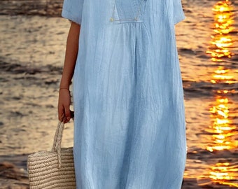 New: Stylish V-neck Linen Dress for Summer, Women's Trendy Fashion, Short Sleeve, Casual Loose Fit, Comfortable Look, Cotton Linen Apparel
