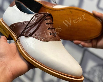 Handmade Men's White And Brown Leather Oxford Whole-Cut Lace-Up Dress Formal Wear Shoes For Men