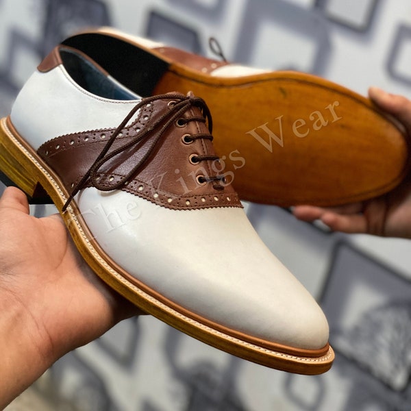 Handmade Men's White And Brown Leather Oxford Whole-Cut Lace-Up Dress Formal Wear Shoes For Men