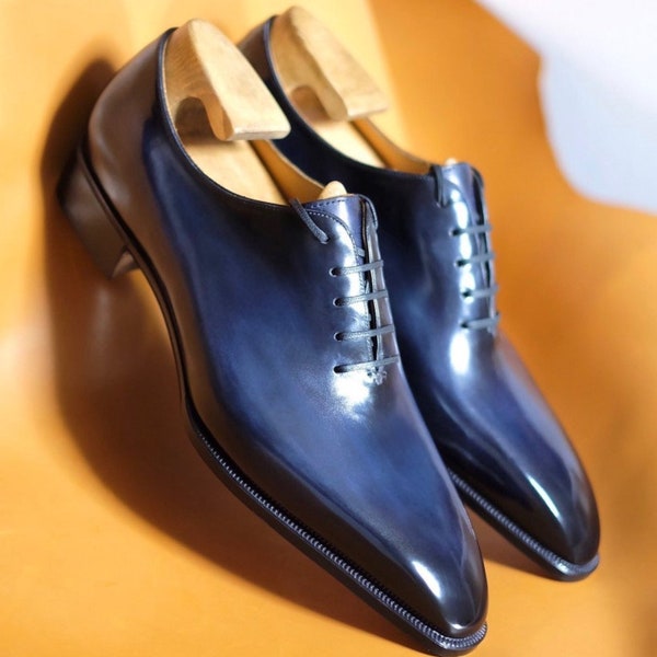 Handmade Men's Blue Patina Leather Shoes, Men's One Piece Lace Up Dress Shoes