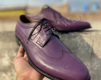 Men's Handmade Purple Leather Shoe, Men's Bespoke Oxford Brogue Wingtip Lace Up Derby Dress Shoes