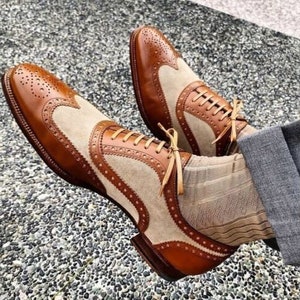 Handmade Men's Brown Leather Suede Oxfrod Wingtip Brogue Lace Up Formal Wear Shoes Men