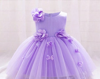 Einfarbiges, ärmelloses Blumenmädchenkleid für Babys mit 3D-Dekor und Mesh-Satin, elegant und niedlich