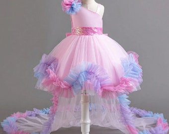 Robe de princesse longue queue colorée pour jeune fille avec ceinture perlée, robe de soirée asymétrique