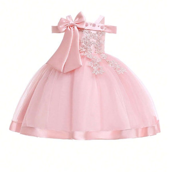 Young Girl Solid Colour Tulle Satin Strap Puffy Dress With Bow Decoration