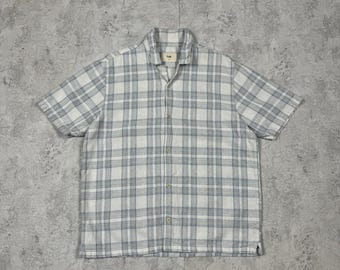 Folk Linen Blend Plaid Short Sleeve Shirt Size XL Blue White