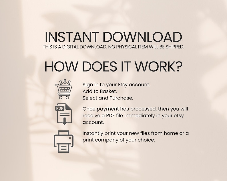 May include: A digital download graphic with the text "INSTANT DOWNLOAD" and "HOW DOES IT WORK?". Instructions include signing into Etsy, adding to basket, selecting and purchasing, and printing the PDF file.